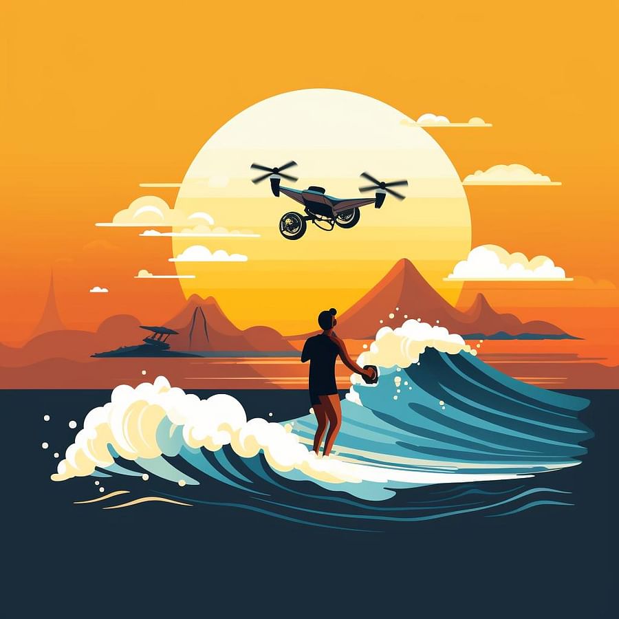 A surfer riding a wave with a drone following at a safe distance