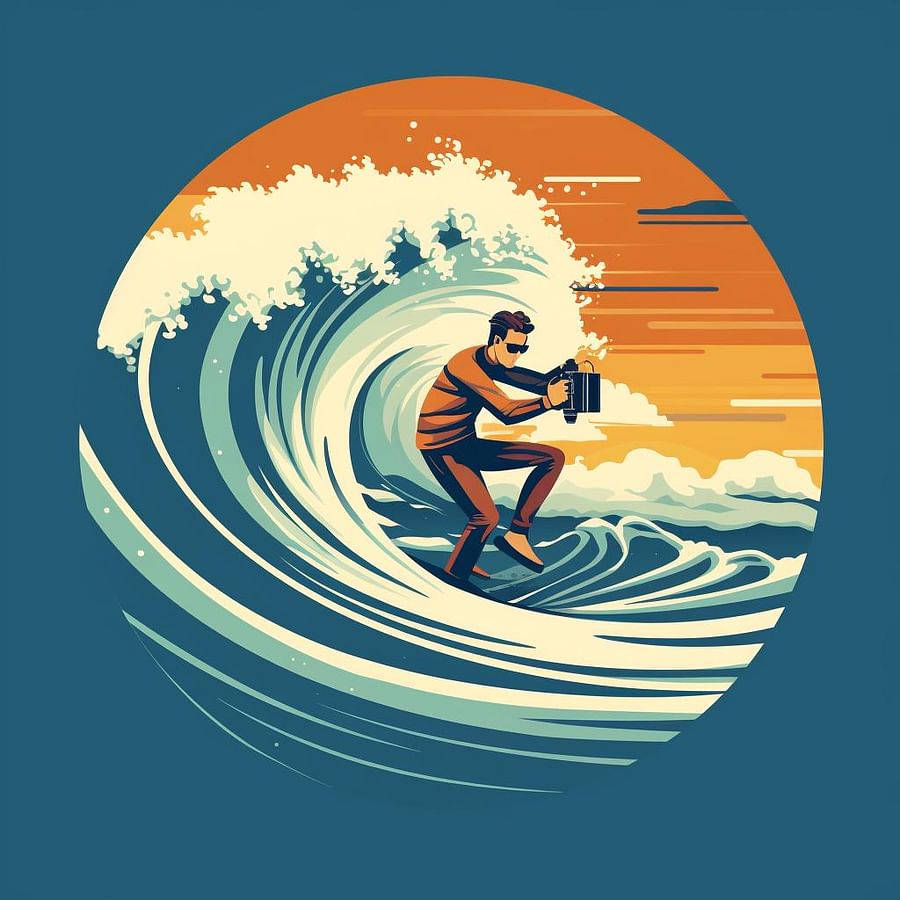 A surfer holding a camera steady while riding a wave