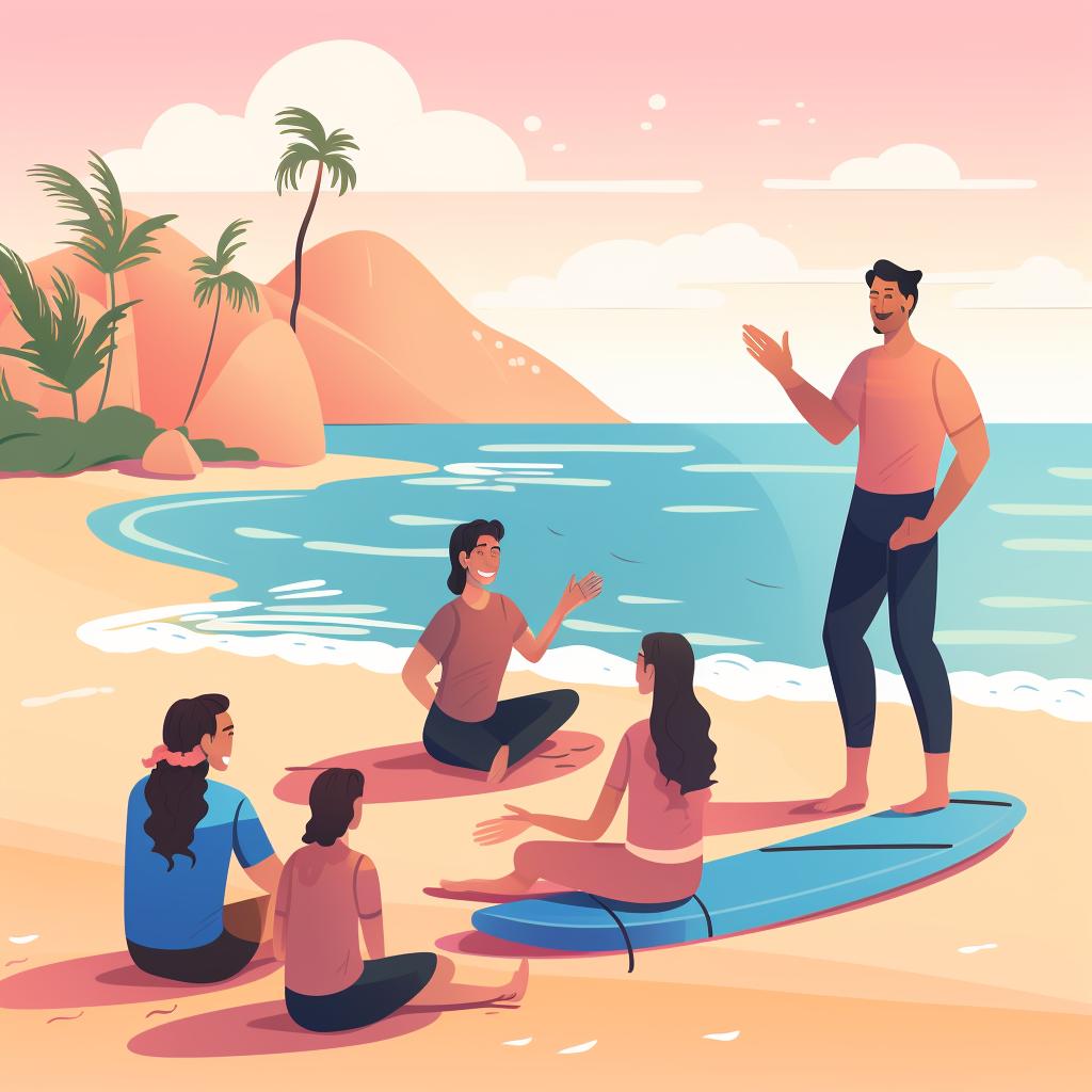 Surfing class with an instructor guiding beginners