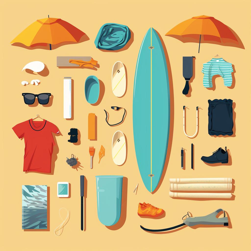 Surfing gear laid out on a beach
