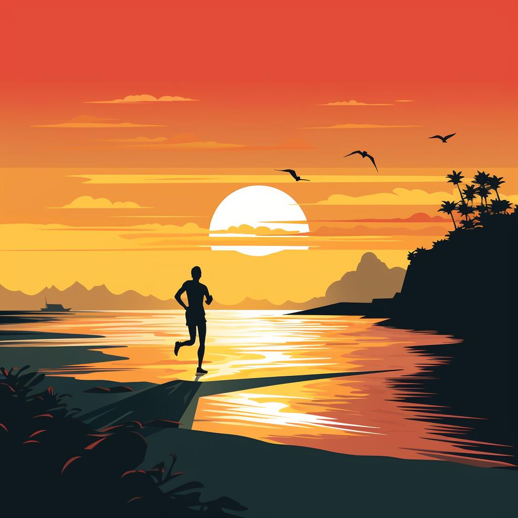 A person jogging along the beach at sunrise