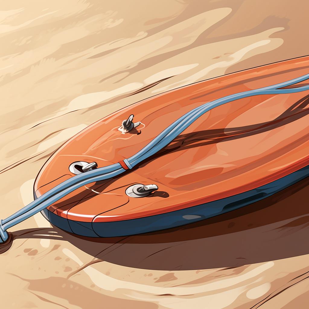 Close-up of a tied leash string on a surfboard