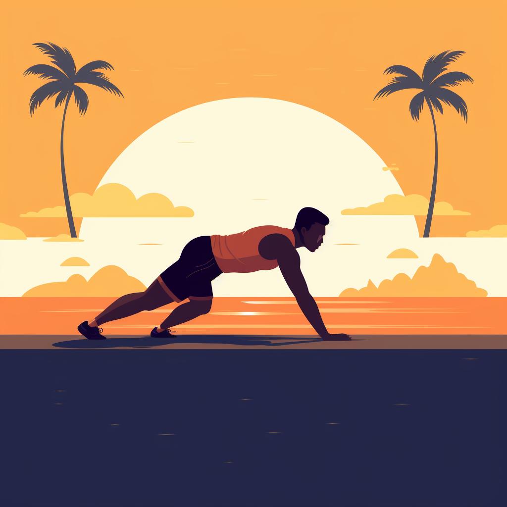 A person doing push-ups on the beach