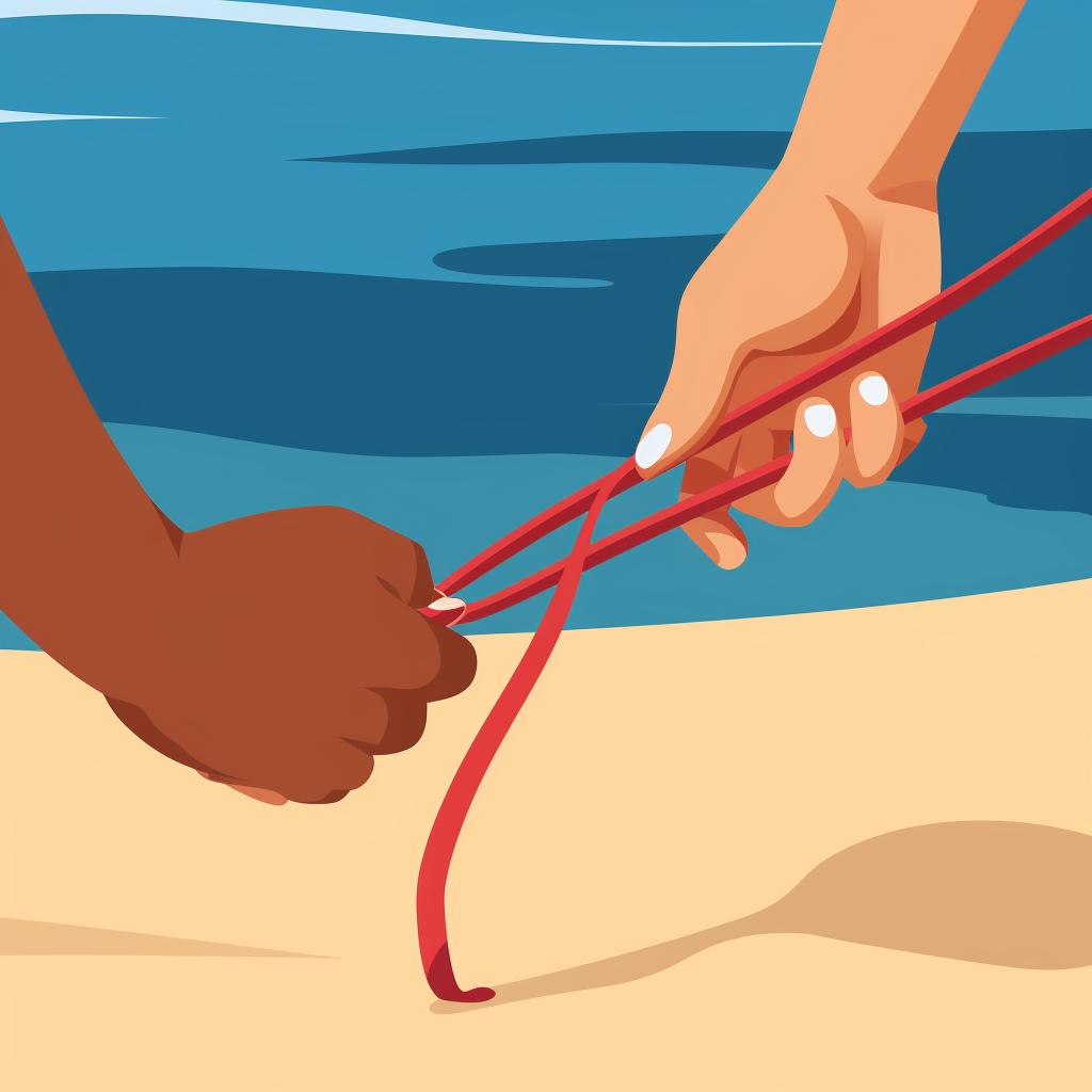 Hands attaching the surf leash to the leash string