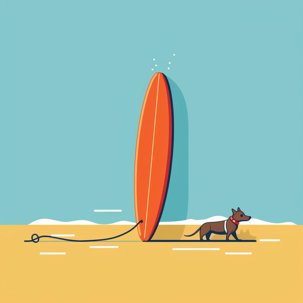 A surfboard with an attached leash being tugged gently